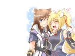  2girls animal_ears armor blonde_hair blue_eyes blush braids brioche_d&#039;arquien brown_hair cleavage dog_days doggirl elbow_gloves foxgirl gloves long_hair necklace ninja ponytail ribbons skintight tail uniform white wink yukikaze_panettone 