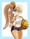  anthro basketball big_thighs blonde_hair border breasts brown brown_fur cleavage clothed clothing female floppy_ears fur green_eyes hair lagomorph lola_bunny long_ears looking_at_viewer looney_tunes mammal navel pear_shaped plain_background rabbit shorts smile solo space_jam sssonic2 standing tail thighs tight_clothing tomboy voluptuous warner_brothers white white_background wide_hips 