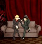  barnaby_brooks_jr blonde_hair brown_eyes brown_hair couch crossed_legs facial_hair fedora formal glasses green_eyes hand_on_own_chin hat kaburagi_t_kotetsu male_focus multiple_boys sitting stubble suit tiger_&amp;_bunny zaku-ro 