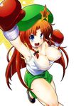 alternate_costume armpits beret blue_eyes bouncing_breasts bow boxing_gloves braid breasts camisole cleavage covered_nipples downblouse hair_bow hat hong_meiling kiku_hitomoji large_breasts legs long_hair open_mouth red_hair see-through shorts simple_background solo standing standing_on_one_leg star touhou twin_braids very_long_hair 