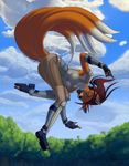  canine female fox kitsune mammal multiple_tails ninja pinkuh smile solo suspended_in_midair tail 