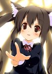  animal_ears black_hair brown_eyes cat_ears foreshortening k-on! long_hair nakano_azusa neck_ribbon outstretched_arm outstretched_hand reaching red_ribbon ribbon school_uniform solo sora_to_umi twintails v 