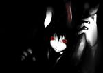  animal_ears bunny_ears grin horror_(expression) kokonoe_shuu long_hair monochrome red_eyes reisen_udongein_inaba smile solo touhou 