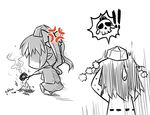  anger_vein camera chibi fire hat himekaidou_hatate monochrome multiple_girls okitakung pom_pom_(clothes) shameimaru_aya short_hair skull spot_color sweatdrop thai tokin_hat touhou translated twintails 