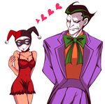  1boy 1girl :p bare_shoulders batman_(series) blue_eyes bow bow_tie bowtie breasts cleavage couple dc_comics formal green_hair harley_quinn hat heart jacket jester_cap lingerie red_eyes short_hair the_joker tongue tongue_out underwear yamaneko_tora 