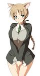 animal_ears blue_eyes braid breast_squeeze breasts brown_hair cat_ears huge_breasts long_hair lynette_bishop necktie nekomamire no_pants single_braid solo strike_witches sweater wide_hips world_witches_series 