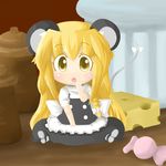  animal_ears bad_id bad_pixiv_id blonde_hair braid cheese food highres kemonomimi_mode kirisame_marisa long_hair minigirl mouse_ears mouse_marisa mouse_tail solo tail touhou yellow_eyes yuasan 