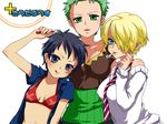  bad_id bad_pixiv_id bikini_top black_hair blonde_hair blue_eyes cigarette earrings fork genderswap genderswap_(mtf) green_eyes green_hair grey_eyes haramaki jewelry licking_lips luffyko midriff multiple_girls necktie one_piece open_clothes open_shirt roronoa_zoro sanji scar shirt short_hair smoke smoking tongue tongue_out yu-bec 