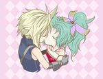  1girl asu_(asoras) blonde_hair chibi closed_eyes cloud_strife couple dissidia_final_fantasy final_fantasy final_fantasy_vi final_fantasy_vii gloves green_hair hair_ribbon hetero kiss ponytail ribbon sleeveless sleeveless_turtleneck spiked_hair tina_branford turtleneck 