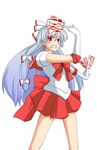  back_bow bishoujo_senshi_sailor_moon bow cosplay fujiwara_no_mokou hair_bow hair_ribbon harukana_(pixiv) long_hair magical_girl multi-tied_hair parody power_connection red_eyes red_sailor_collar red_skirt ribbon sailor_collar sailor_mars sailor_mars_(cosplay) sailor_senshi_uniform silver_hair skirt solo touhou 