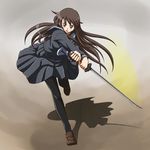  brown_hair katana legs lielos long_hair original pantyhose school_uniform sera_haruna serafuku solo sword weapon 