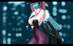  animal_print ark_(morita_hitomi) arms_behind_head arms_up bat_print breasts green_eyes green_hair head_wings highres large_breasts long_hair morrigan_aensland pantyhose print_legwear solo vampire_(game) wings 