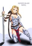  absurdres armor bethel_babies bethelbabies bethelbabies(artist) blonde_hair braid braids breasts cleavage delicious girl highres leina pig_tail pigtails queen&#039;s_blade queen's_blade short_twintails sword twintails warrior weapon 