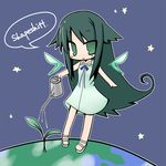  chibi dress earth green_eyes green_hair long_hair luu saya saya_no_uta solo watering_can wings 