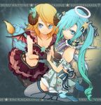  angel angel_and_devil angel_wings blonde_hair blue_eyes bow demon_girl demon_wings dress gloves hair_ribbon halo hatsune_miku high_heels holding_hands horns kagamine_rin kneeling legs lion_tail long_hair macco midriff multiple_girls one_eye_closed pleated_skirt ribbon shoes short_hair skirt star tail thighhighs twintails very_long_hair vocaloid wings yukisen 