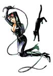  1girl animal animal_ears backpack bag batman_(series) big_breasts black_cat bodysuit boots breasts cat cat_ears catwoman cleavage dc_comics female goggles green_eyes high_heel_boots high_heels highres jumping large_breasts petri randoseru shoes simple_background solo whip 