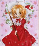  blonde_hair brown_eyes curly_hair elly flower hat hat_ribbon long_sleeves marker_(medium) mizame ribbon scythe shikishi short_hair smile solo touhou touhou_(pc-98) traditional_media 