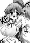  1girl armpit_licking armpits bad_id bad_pixiv_id blush breasts dress greyscale highres large_breasts licking long_hair monochrome noto_kurumi open_mouth ponytail saliva takanashi_souta taneshima_popura tongue working!! 