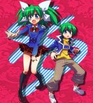  black_legwear blazer blue_eyes blush bow bowtie crossdressing cruz_schild dual_persona green_hair jacket miniskirt multiple_boys needless otoko_no_ko plaid plaid_skirt pleated_skirt ribbon shoes skirt socks tears toku_(pixiv) twintails 