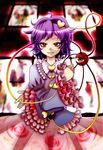  bad_id bad_pixiv_id blurry depth_of_field frills grin hairband heart highres komeiji_satori orange_eyes owos purple_hair short_hair smile solo stained_glass third_eye touhou 