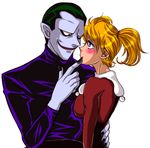  1boy 1girl batman_(series) blonde_hair blue_eyes blush bodysuit couple dc_comics green_hair harley_quinn long_hair lowres red_eyes return_of_the_joker short_hair smile the_joker time_paradox twintails yamaneko_tora 