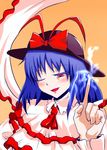  blue_hair bow electricity frills hat nagae_iku one_eye_closed red_eyes shawl solo touhou 