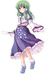  absurdres bad_id bad_pixiv_id bare_shoulders between_fingers blush bobby_socks detached_sleeves frog full_body gohei green_eyes green_hair hair_ornament highres jewelry kochiya_sanae long_hair midriff necklace ofuda shiwasuzuki smile snake socks solo standing touhou transparent_background 