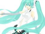  aqua_eyes aqua_hair bad_id bad_pixiv_id belt elbow_gloves fingerless_gloves gloves hatsune_miku hatsune_miku_(append) long_hair mui necktie simple_background smile solo twintails very_long_hair vocaloid vocaloid_append 