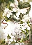  amulet eyelashes face flower green green_hair hair_over_one_eye kei_shu lips long_hair original red_eyes solo traditional_media watercolor_(medium) 