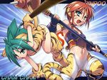  animal_ears animal_print boomerang breath_of_fire breath_of_fire_ii brown_hair capcom cham_cham crossover fang gloves green_eyes green_hair multiple_girls panties paw_gloves paw_shoes paws rinpoo_chuan samurai_spirits shoes snk staff tail tiger_print tomoshibi_hidekazu underwear weapon 