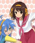  ahoge cosplay costume_switch crossover hair_ribbon hirano_aya izumi_konata izumi_konata_(cosplay) kikutake_ranmaru kita_high_school_uniform lucky_star mole mole_under_eye multiple_girls pink_neckwear ribbon ryouou_school_uniform school_uniform seiyuu_connection serafuku suzumiya_haruhi suzumiya_haruhi_(cosplay) suzumiya_haruhi_no_yuuutsu 