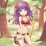  athena_(series) bikini blue_eyes buntan forest front-tie_top hairband kneeling long_hair nature princess_athena purple_hair red_bikini sandals side-tie_bikini snk swimsuit sword weapon 