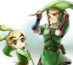  black_eyes blue_eyes dual_persona earrings gloves hat jewelry link male_focus multiple_boys muse_(rainforest) pointy_ears smile super_smash_bros. the_legend_of_zelda toon_link 