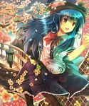  bad_id bad_pixiv_id blue_hair flower food fruit hat hayama_eishi highres hinanawi_tenshi long_hair pantyhose peach red_eyes solo touhou 