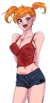  1girl arms_behind arms_behind_back bare_shoulders batman_(series) big_breasts blonde_hair blue_eyes breasts camisole cleavage dc_comics denim denim_shorts erect_nipples female harley_quinn large_breasts long_hair midriff navel open_mouth red_shirt shirt shorts solo twintails yamaneko_tora 