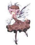  absurdres animal_ears bad_id bad_pixiv_id black_legwear cross-laced_footwear dress full_body hat highres mystia_lorelei one_eye_closed open_mouth outstretched_arms pantyhose pink_hair shoes short_hair smile solo spread_arms touhou transparent_background urimono winged_shoes wings yellow_eyes 