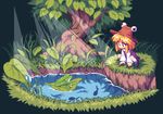  bad_id bad_pixiv_id blonde_hair eyes frog grass hat kou_2008 leaf lily_pad moriya_suwako nature pixel_art pond solo squatting tadpole touhou tree water 