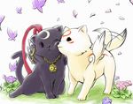  bayonetta bayonetta_(character) cat cheek-to-cheek cherry_blossoms chibiterasu creator_connection crossover dodo flower jewelry necklace no_humans ookamiden tail tail_wagging 