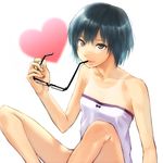  amagami bad_id bad_pixiv_id bare_shoulders bob_cut eyewear_in_mouth eyewear_removed flat_chest glasses hands heart holding holding_eyewear lips looking_at_viewer mouth_hold mun_(haimer) nanasaki_ai one-piece_tan parted_lips short_hair sitting solo tan tanline 