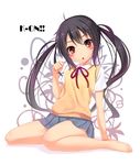  :o arm_support barefoot black_hair blush_stickers bow brown_eyes chobipero k-on! long_hair looking_at_viewer nakano_azusa paw_pose sitting solo sweater_vest twintails wariza 