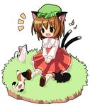  animal_ears bad_id bad_pixiv_id brown_hair cat cat_ears cat_tail chen earrings hat jewelry multiple_tails musical_note pila-pela short_hair solo tail touhou 
