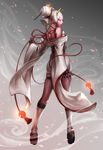  akatsuhara_empire demon_girl fingerless_gloves fishnets full_body gloves green_eyes highres horns japanese_clothes kimono lips looking_back nabe_(crow's_head) oni petals pixiv_fantasia pixiv_fantasia_3 pointy_ears silver_hair solo standing thighhighs 