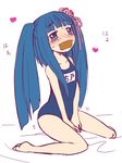  blue_hair blush furudo_erika gag hair_ornament heart improvised_gag sitting swimsuit tape tape_gag tapegag twintails umineko_no_naku_koro_ni 