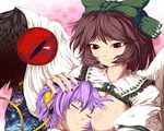  bow breast_pillow breasts brown_hair cleavage closed_eyes danbo_(rock_clime) green_bow hair_bow heart komeiji_satori large_breasts large_wings mole multiple_girls open_clothes open_shirt purple_hair red_eyes reiuji_utsuho shirt short_hair smile touhou wings yuri 