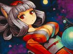  animal_ears breasts cherry_blossoms cleavage dutch_angle fox_ears full_moon hair_up japanese_clothes kimono kongiku lantern large_breasts leaf leaf_on_head moon night object_on_head oboro_muramasa paper_lantern petals shigatake solo 