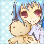  :x bad_id bad_pixiv_id blue_hair copyright_request dotted_line lowres red_eyes short_hair solo sri4361 stuffed_animal stuffed_toy 