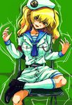  bad_id bad_pixiv_id belt blonde_hair blue_sailor_collar chair folding_chair hands hat kitashirakawa_chiyuri kneehighs knees legs long_sleeves necktie pose rapan sailor sailor_collar shoes short_hair shorts sitting smile socks solo touhou touhou_(pc-98) twintails yellow_eyes 