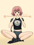  crop_top cyrillic darker_than_black denim denim_shorts eating full_body green_eyes kikumaru_bunta midriff red_hair russian shorts solo suou_pavlichenko torn_clothes 