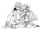 1girl animal armlet bracelet curly_hair father_and_daughter flower greyscale hair_flower hair_ornament hood hoodie jewelry lordgenome monochrome nia_teppelin sitting tengen_toppa_gurren_lagann time_paradox younger 