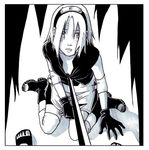  downblouse greyscale haruno_sakura kunai monochrome nami86 naruto naruto_(series) pov scared short_hair sword uchiha_sasuke weapon 